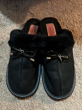 kate spade Black Faux-Fur Bow Slip-Ons with Gold Trim